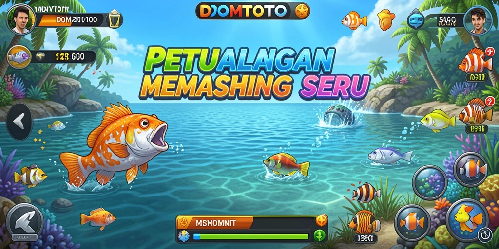 Screenshot gameplay DOMTOTO menampilkan aksi seru saat memancing.