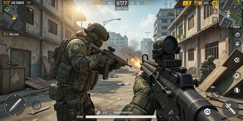 Tampilan gameplay UT77 yang mendebarkan pada pertempuran FPS.